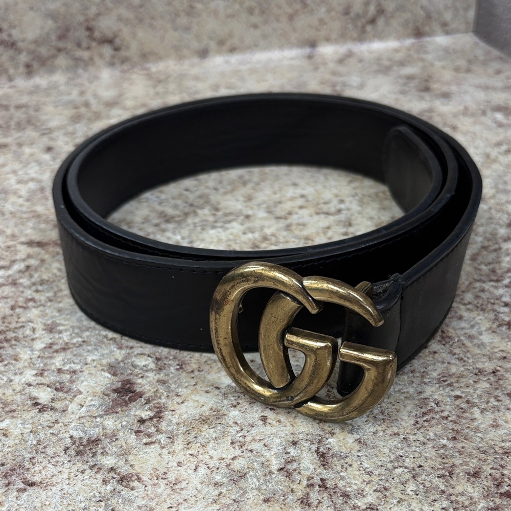 Gucci vintage Black Leather Belt with Brass Double G Buckle - Picture 1 of 6